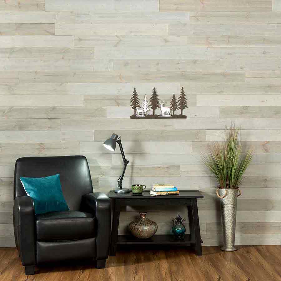 Rustic Grove Mixed Gray-Light planks with leather chair and table.
